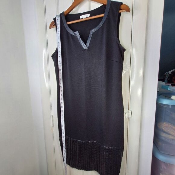 Spense Black Sleeveless Sheath Dress Faux Leather Piping & Hemline Sz 10 - Picture 10 of 11